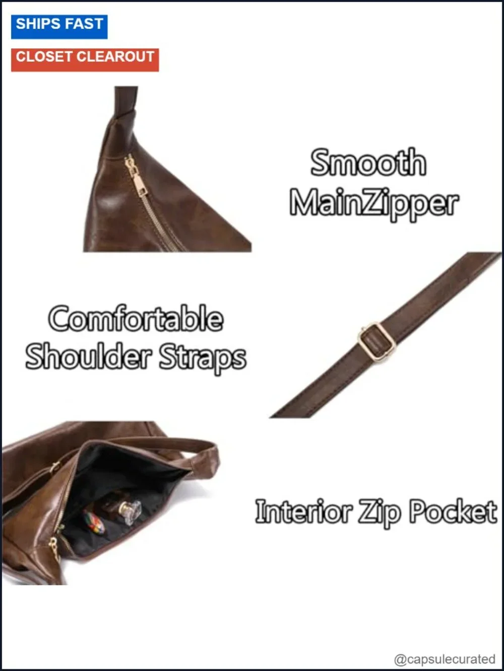 Foldable Vegan Leather Crossbody Hobo Bag Adjustable Straps Soft Slouchy Handbag